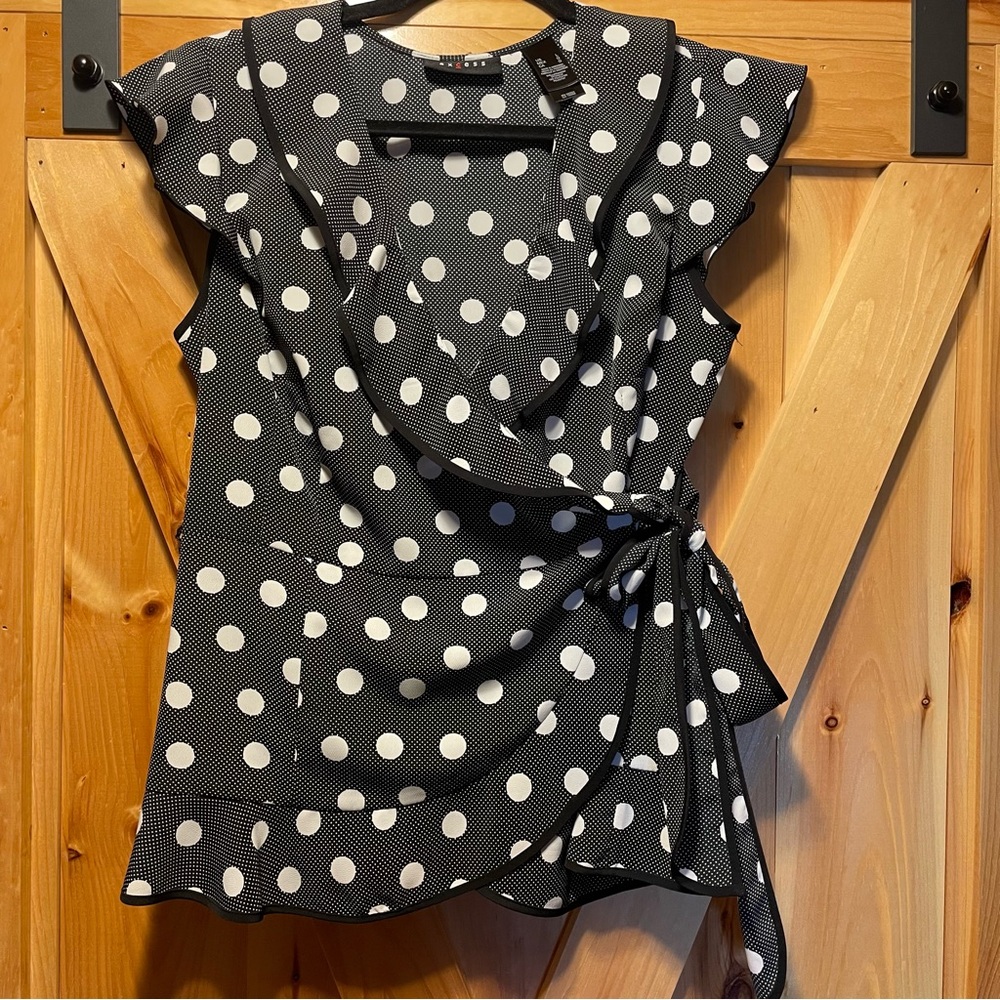 Polka Dot Ruffle Wrap Top - Black/White